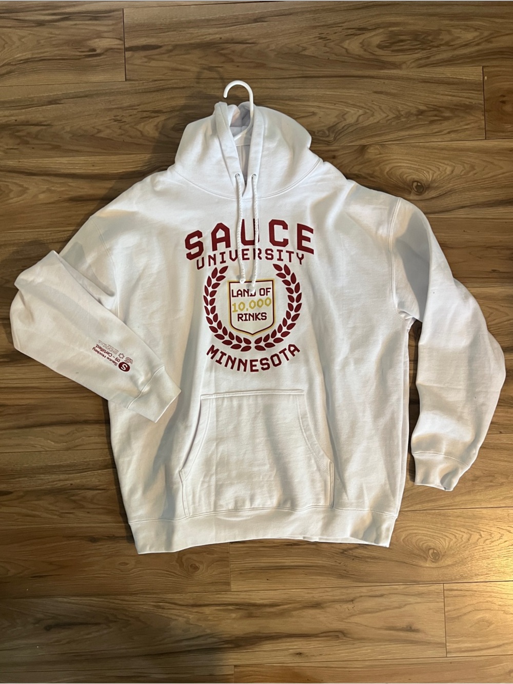 Sauce University Minnesota White Hoodie with Red Crest